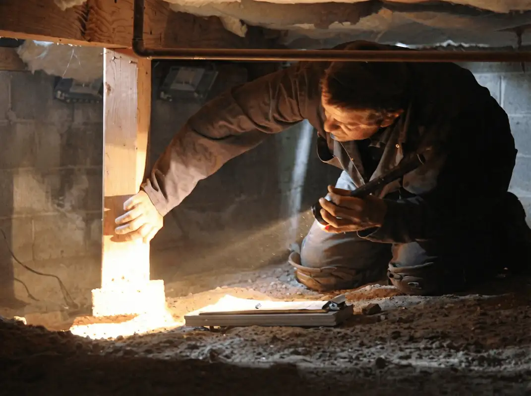 A professional inspecting wooden beams under the floor of a structure in Spokane, WA