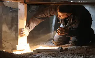 A professional inspecting wooden beams under the floor of a structure in Spokane, WA
